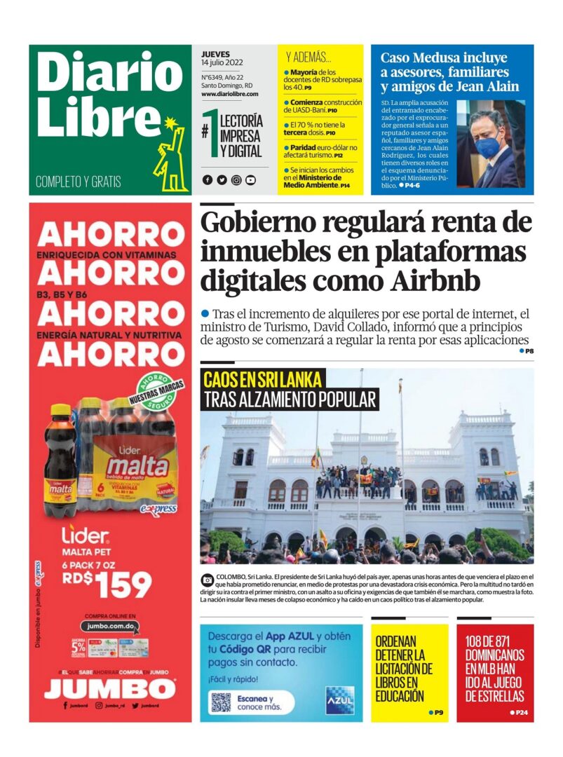 Portada Periódico Diario Libre, Jueves 14 Julio, 2022