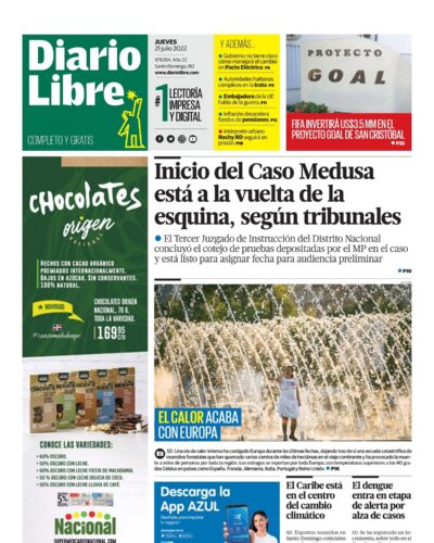 Portada Periódico Diario Libre, Jueves 21 Julio, 2022