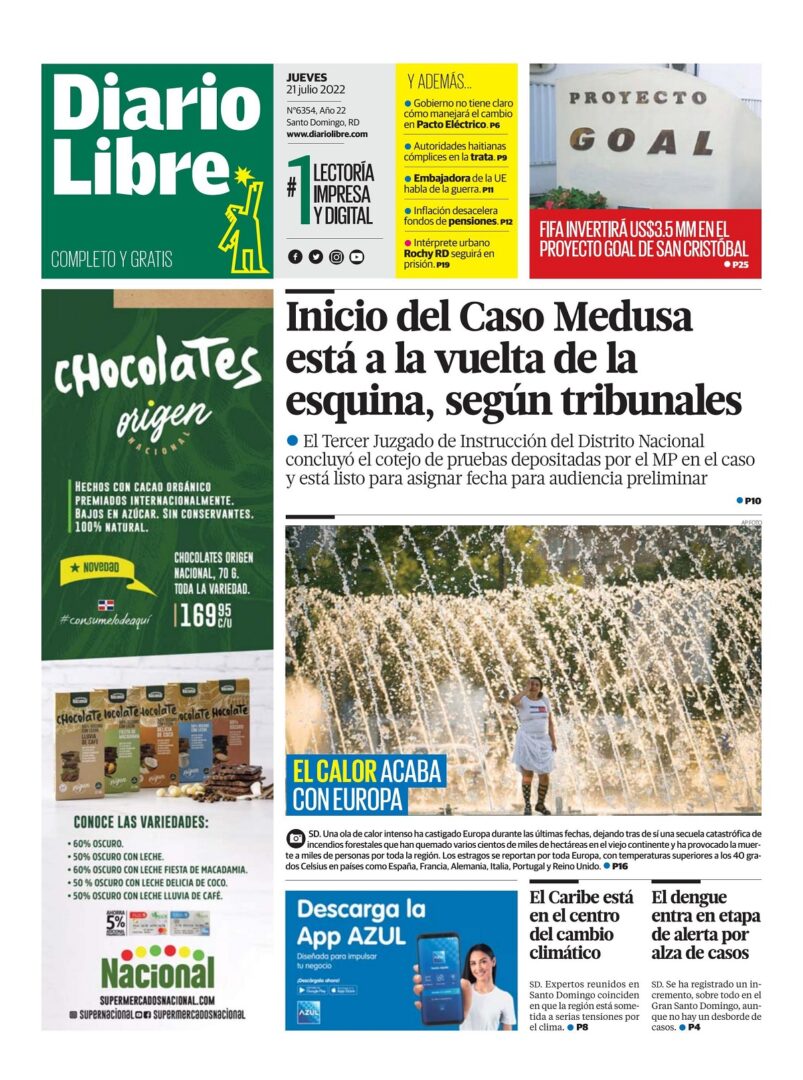 Portada Periódico Diario Libre, Jueves 21 Julio, 2022