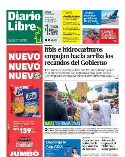 Portada Periódico Diario Libre, Jueves 28 Julio, 2022