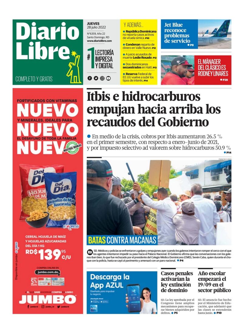 Portada Periódico Diario Libre, Jueves 28 Julio, 2022