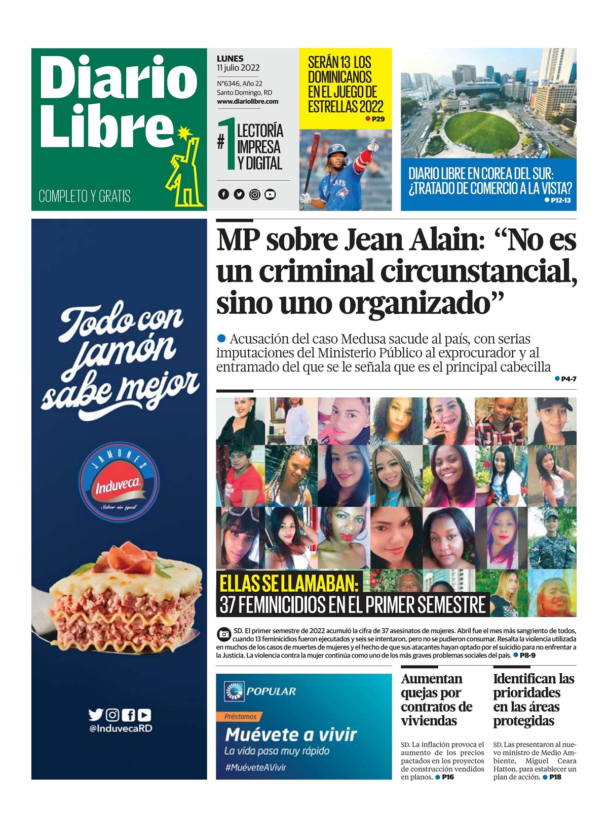 Portada Periódico Diario Libre, Lunes 11 Julio, 2022