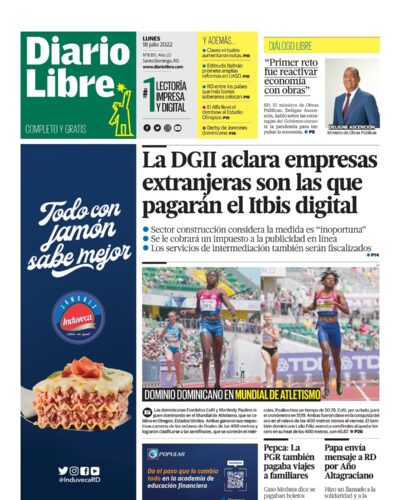 Portada Periódico Diario Libre, Lunes 18 Julio, 2022