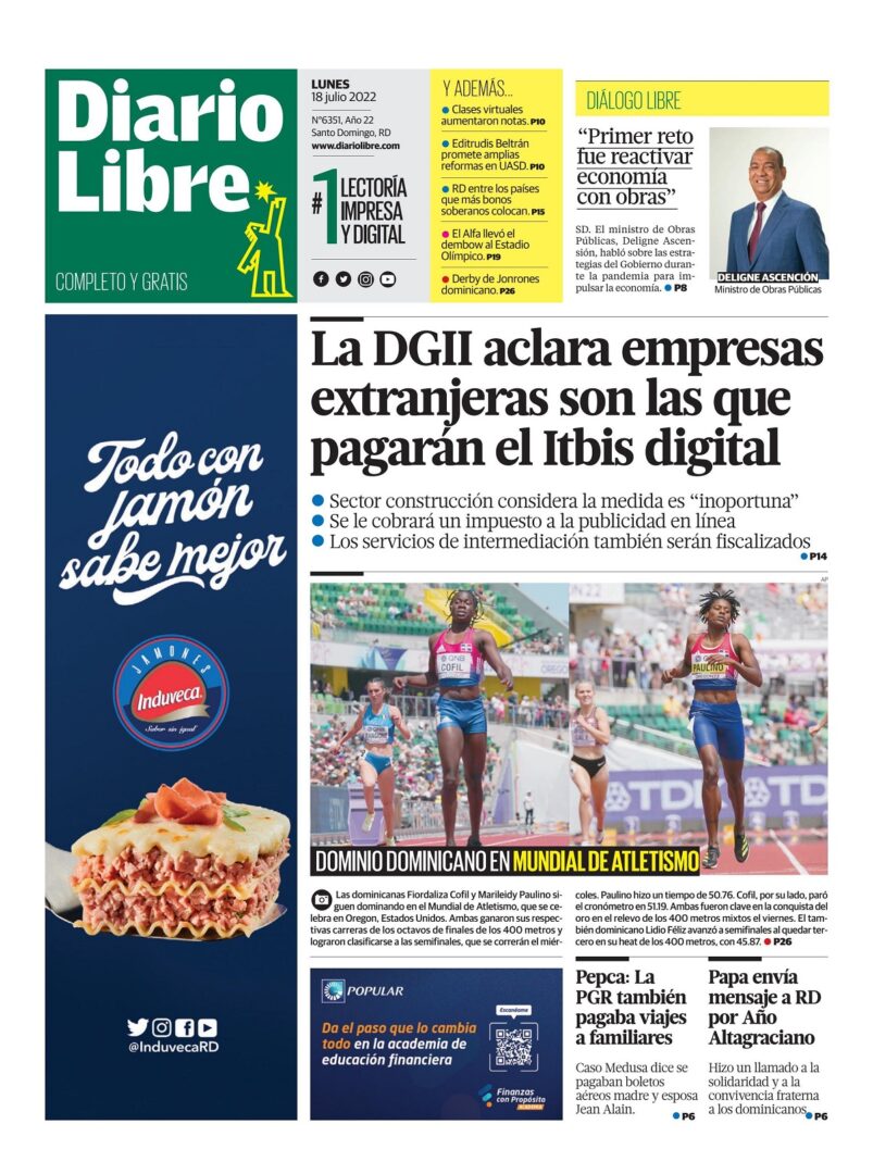 Portada Periódico Diario Libre, Lunes 18 Julio, 2022