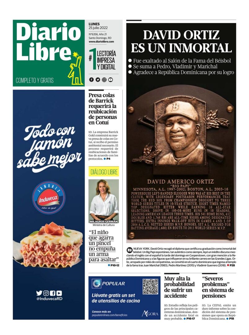 Portada Periódico Diario Libre, Lunes 25 Julio, 2022