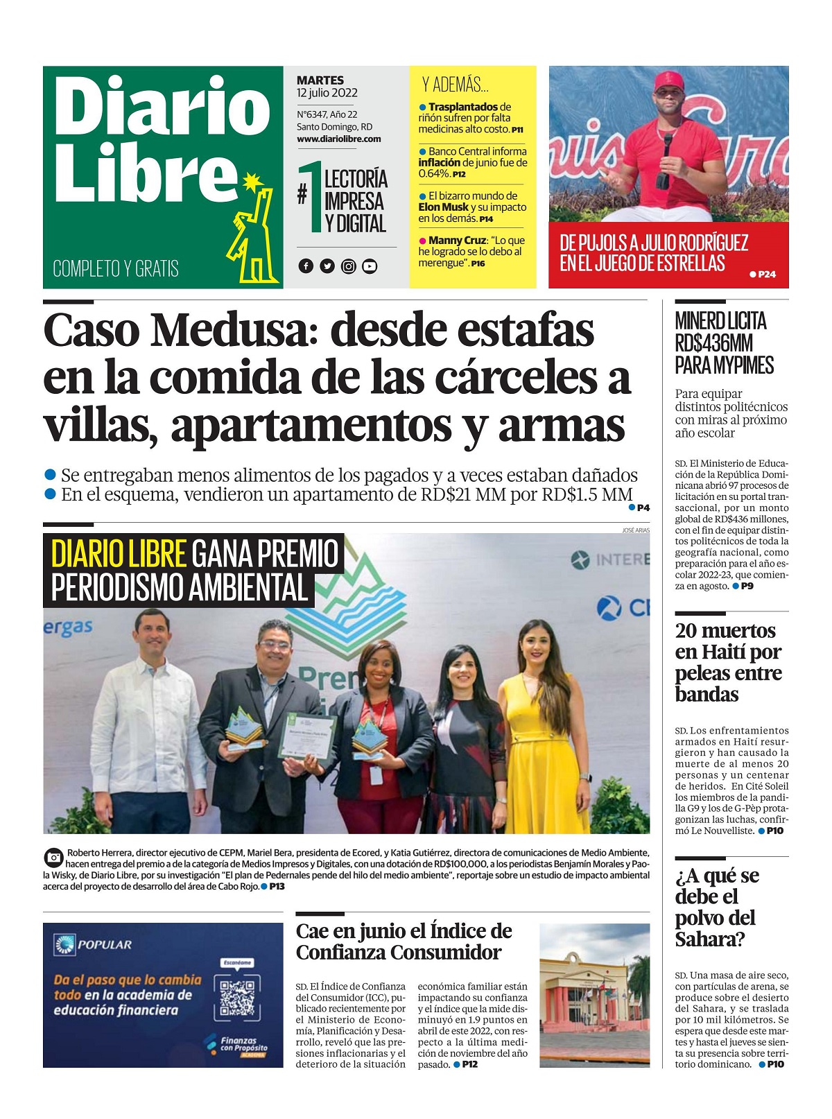 Portada Periódico Diario Libre, Martes 12 Julio, 2022