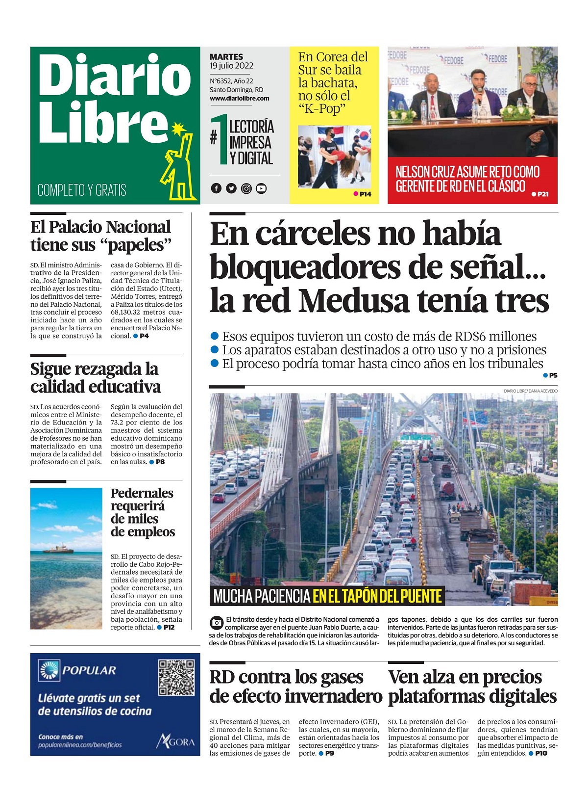 Portada Periódico Diario Libre, Martes 19 Julio, 2022