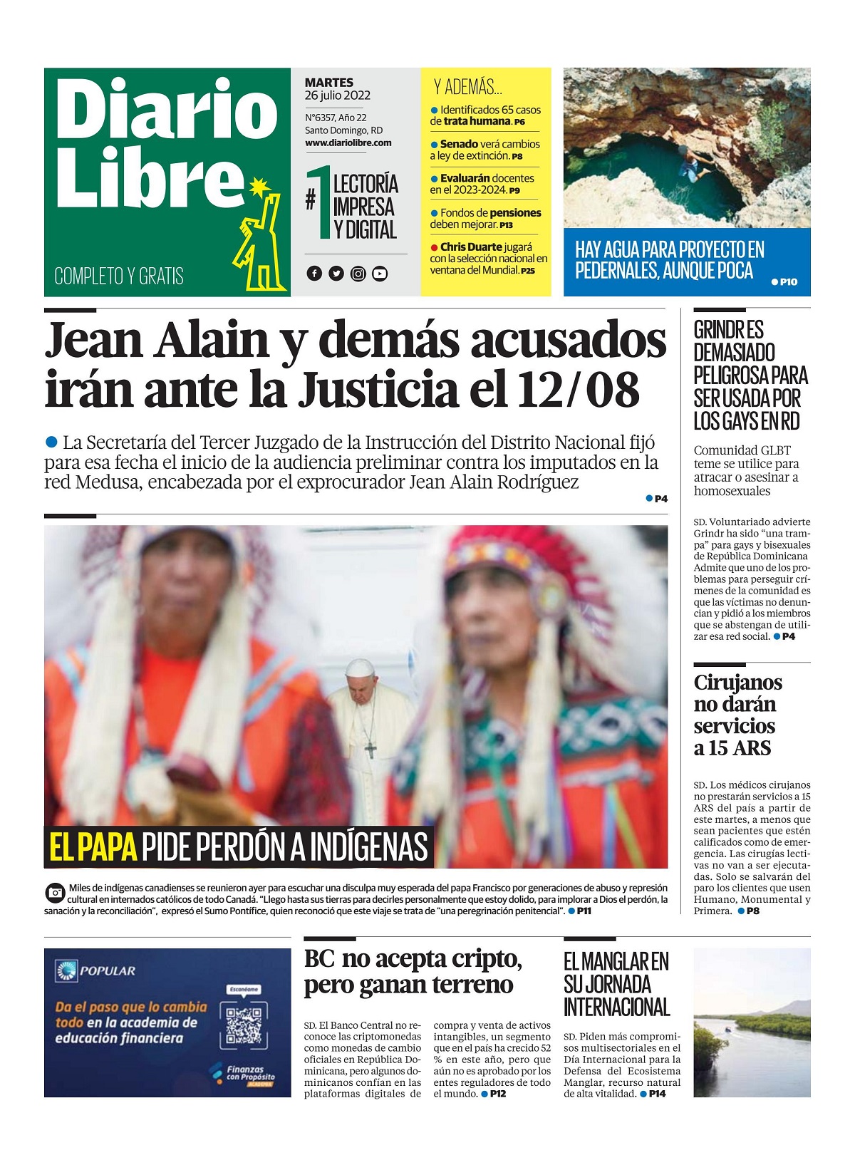 Portada Periódico Diario Libre, Martes 26 Julio, 2022