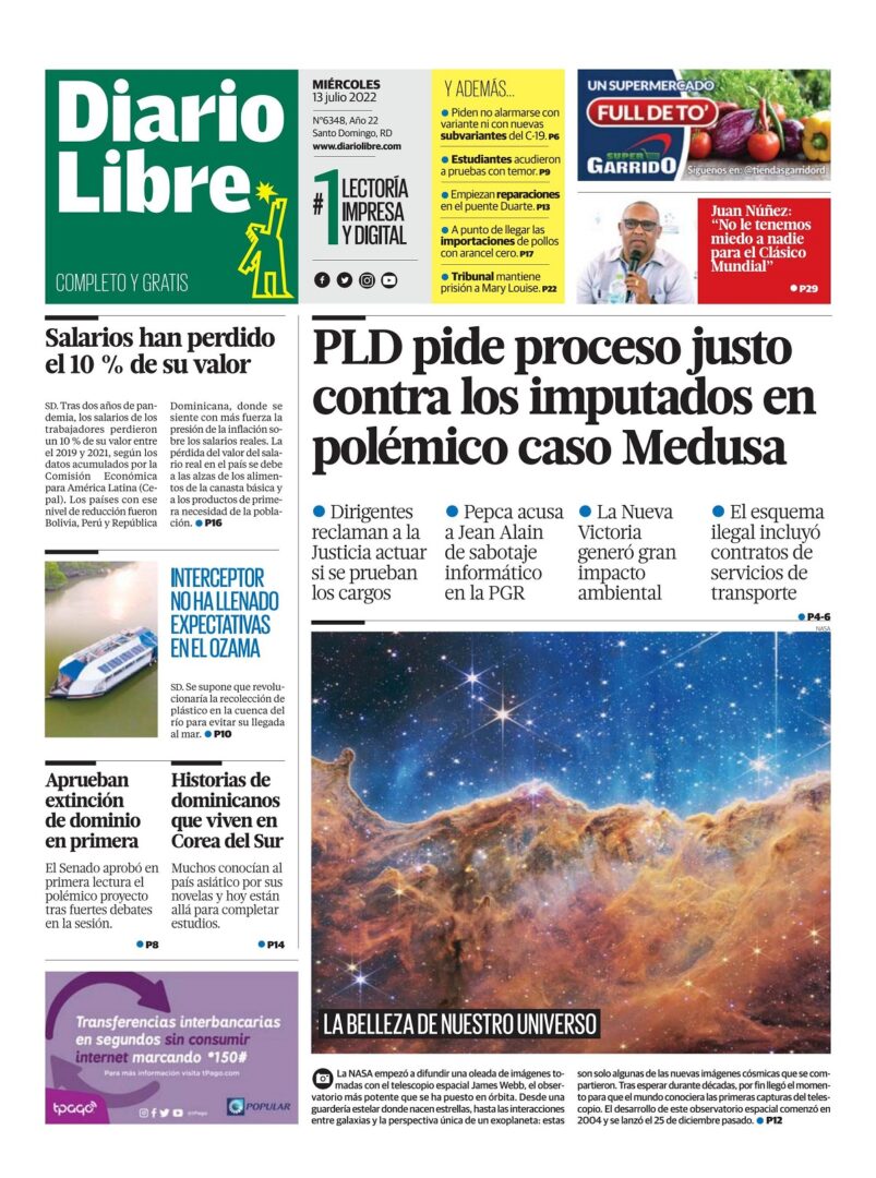 Portada Periódico Diario Libre, Miércoles 13 Julio, 2022