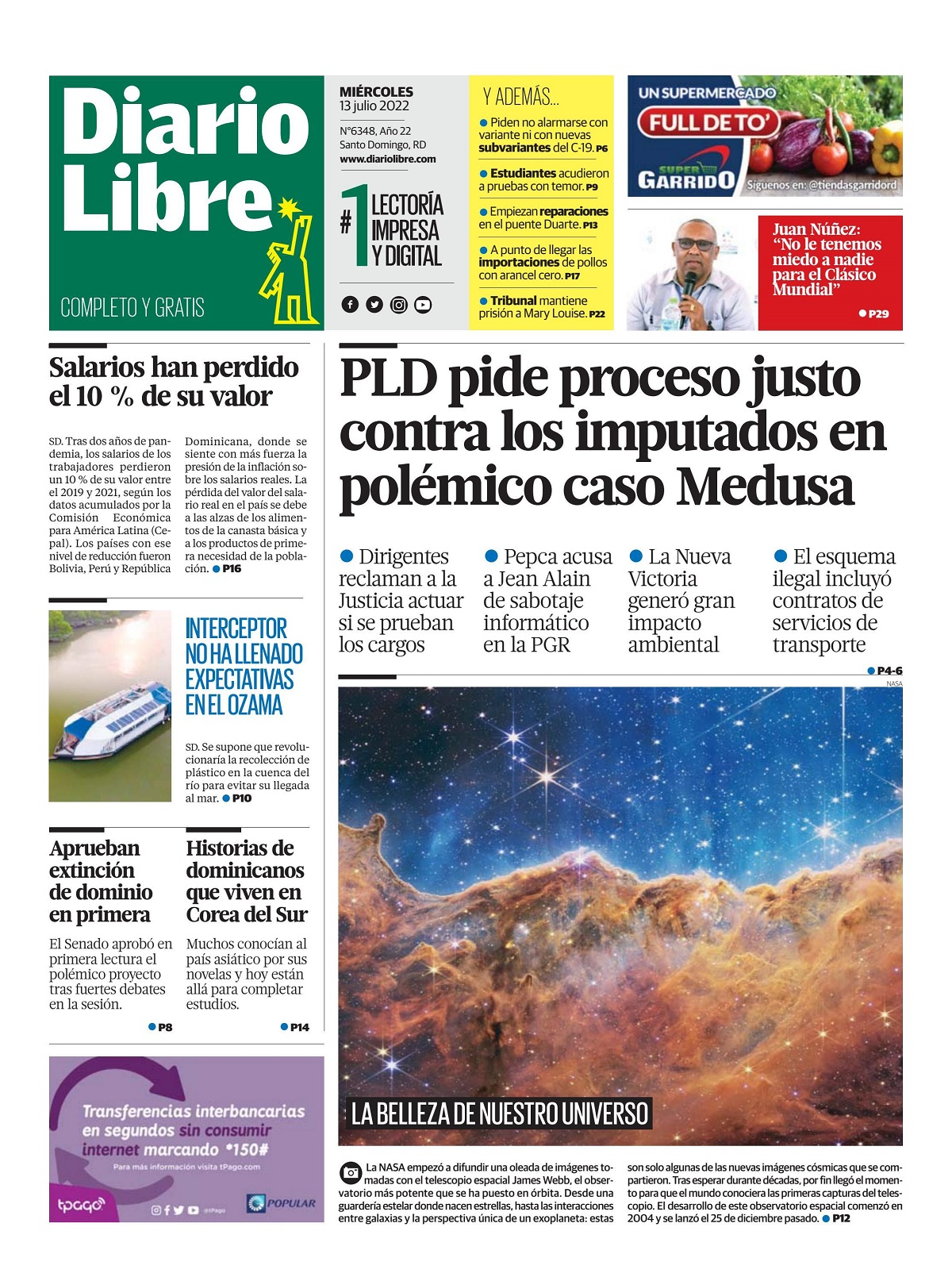 Portada Periódico Diario Libre, Miércoles 13 Julio, 2022