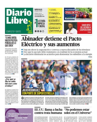 Portada Periódico Diario Libre, Miércoles 20 Julio, 2022