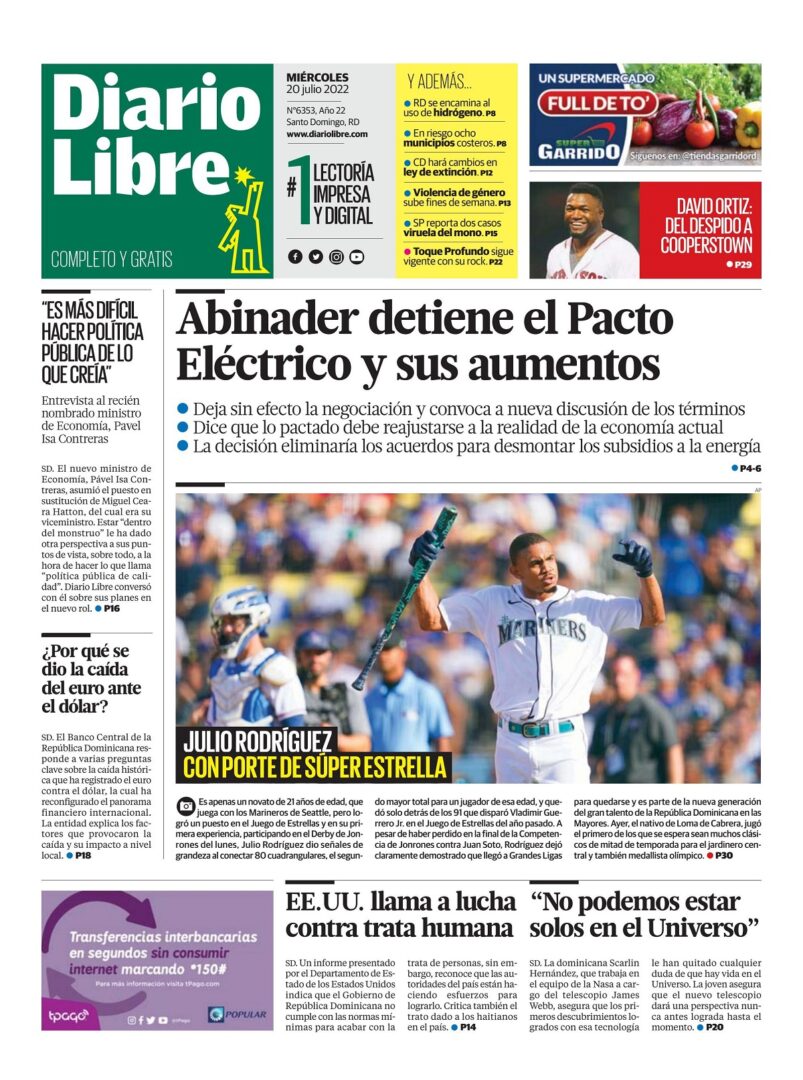 Portada Periódico Diario Libre, Miércoles 20 Julio, 2022