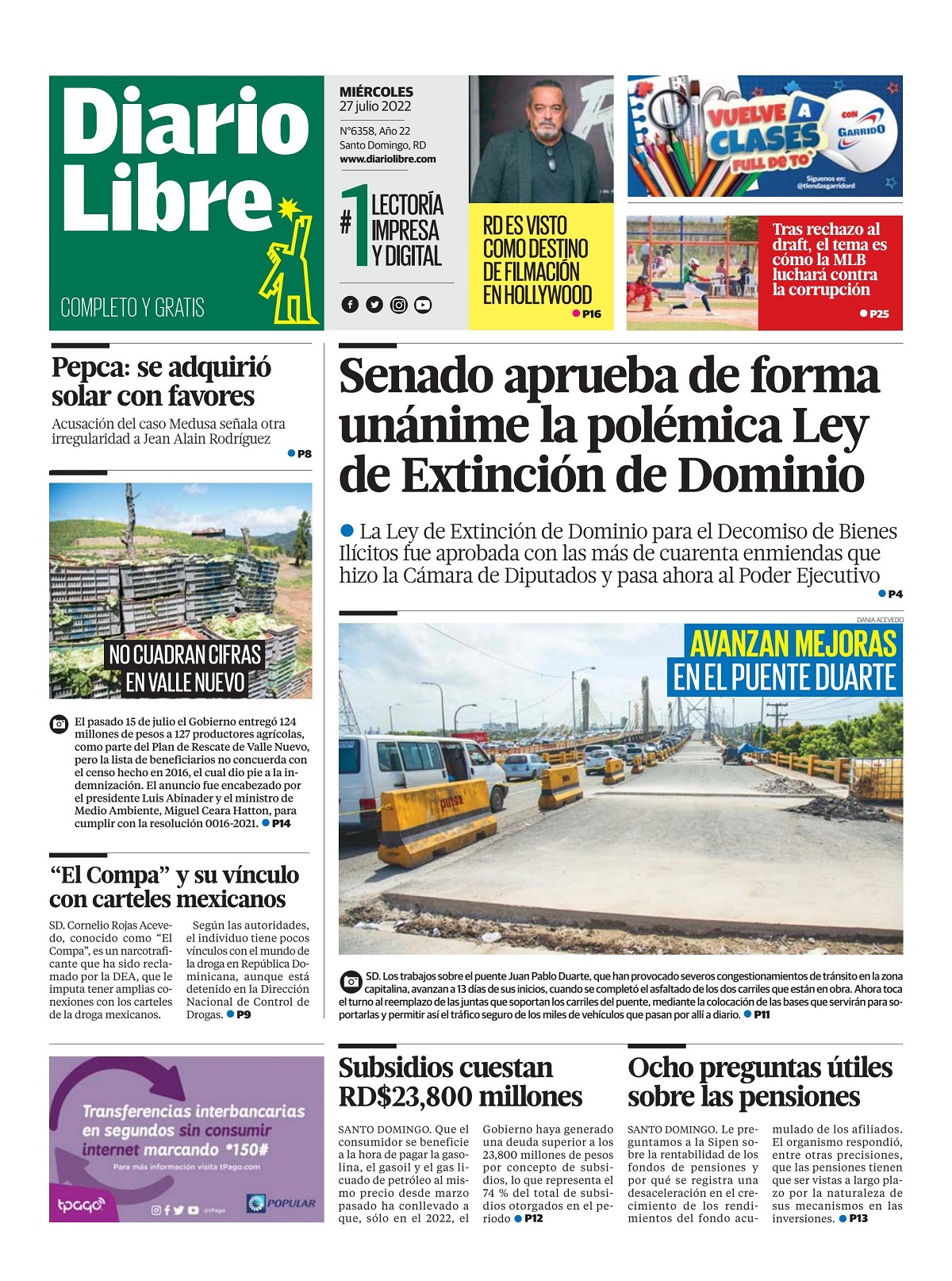 Portada Periódico Diario Libre, Miércoles 27 Julio, 2022