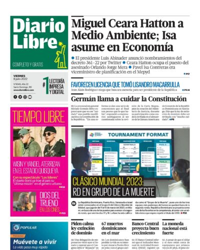 Portada Periódico Diario Libre, Viernes 08 Julio, 2022