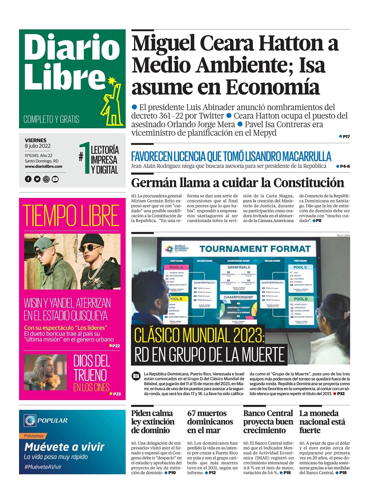 Portada Periódico Diario Libre, Viernes 08 Julio, 2022