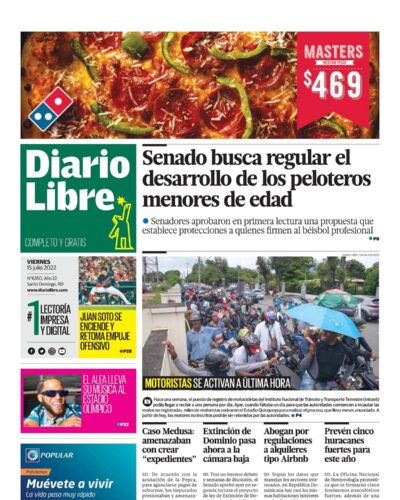 Portada Periódico Diario Libre, Viernes 15 Julio, 2022