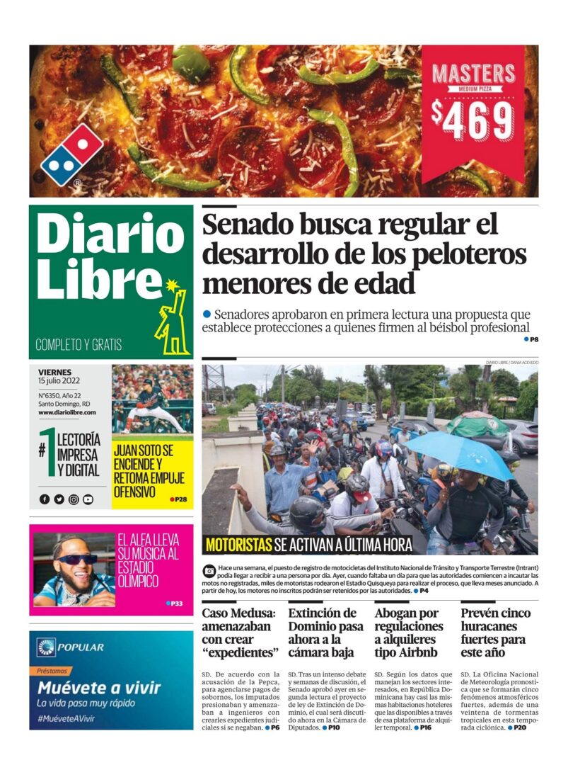 Portada Periódico Diario Libre, Viernes 15 Julio, 2022