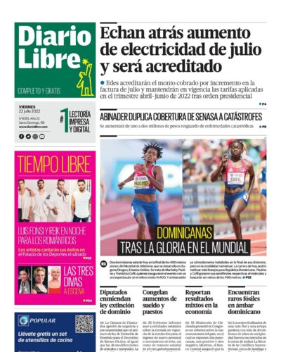 Portada Periódico Diario Libre, Viernes 22 Julio, 2022