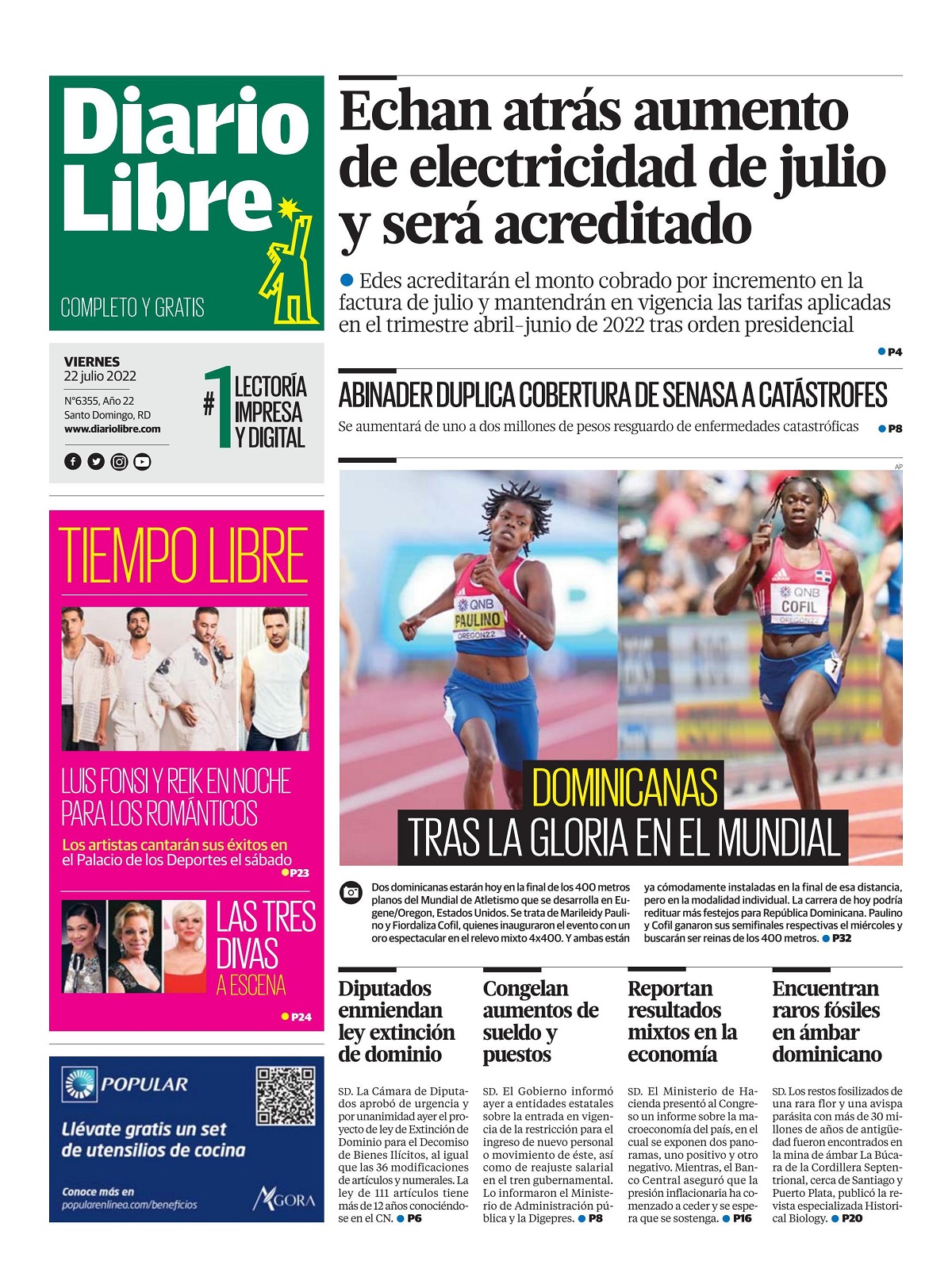Portada Periódico Diario Libre, Viernes 22 Julio, 2022