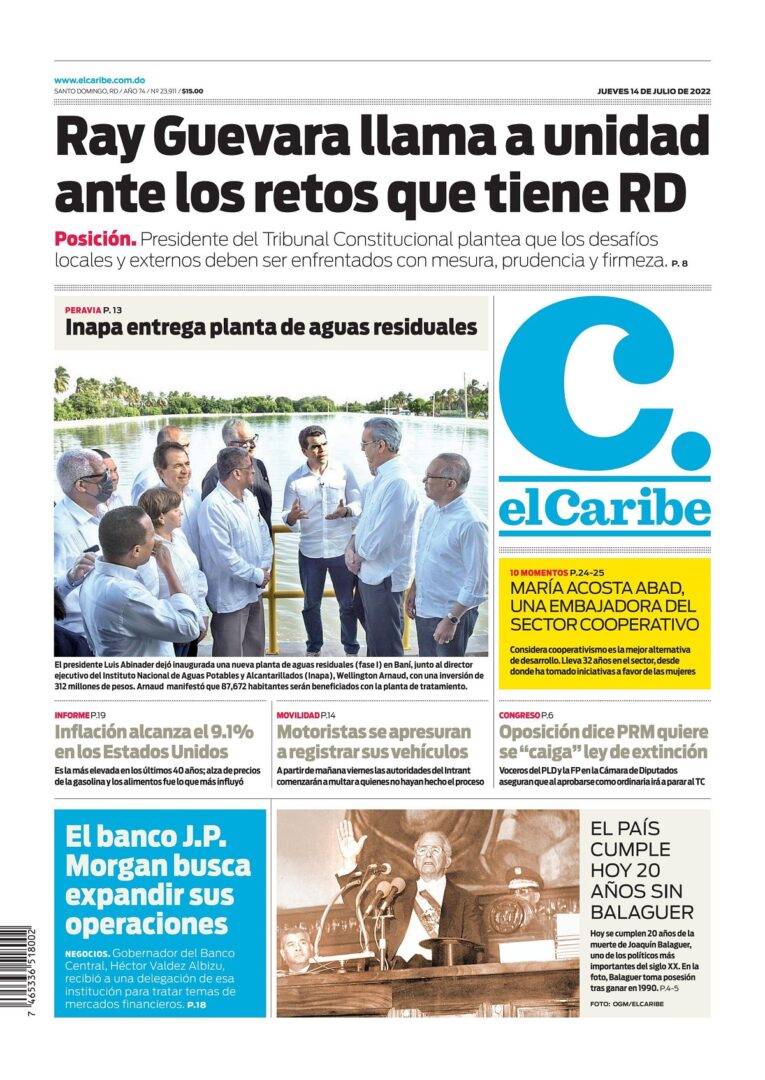 Portada Periódico El Caribe, Jueves 14 Julio, 2022