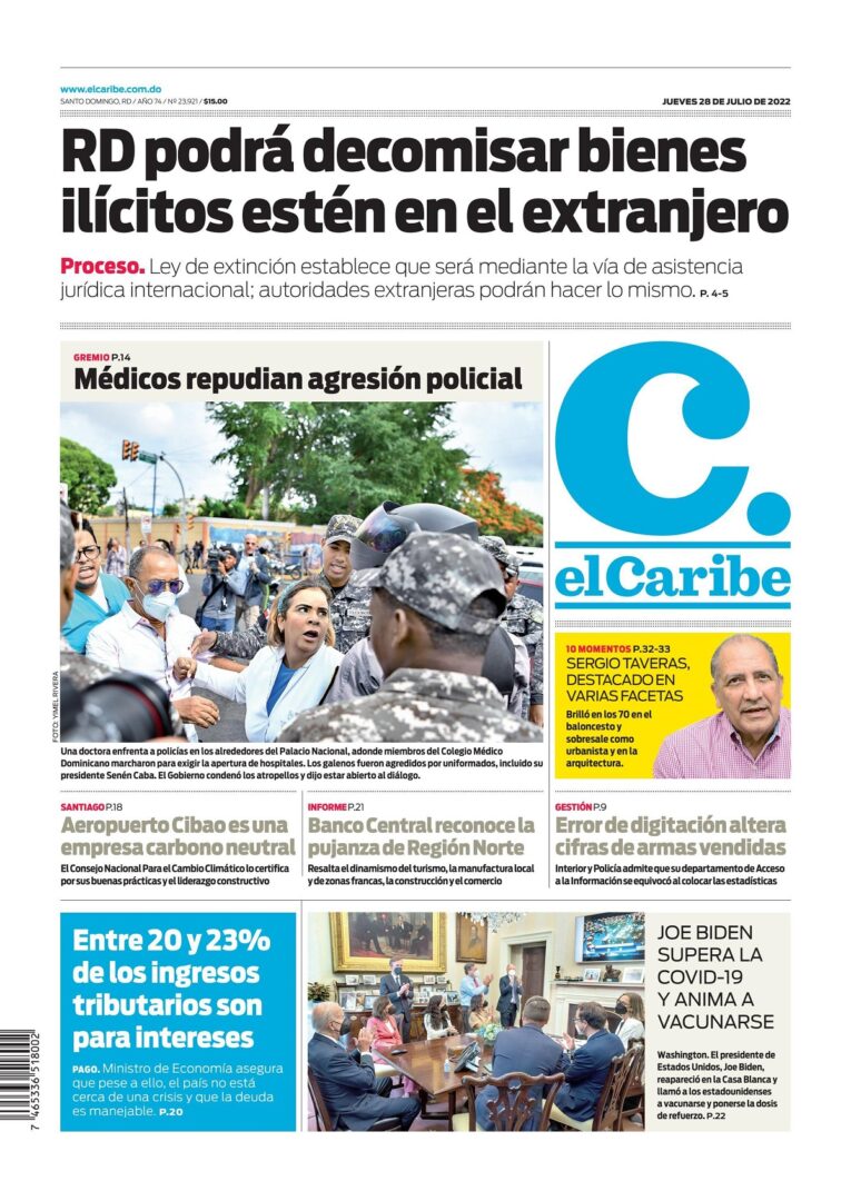 Portada Periódico El Caribe, Jueves 28 Julio, 2022
