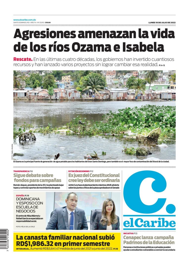 Portada Periódico El Caribe, Lunes 18 Julio, 2022