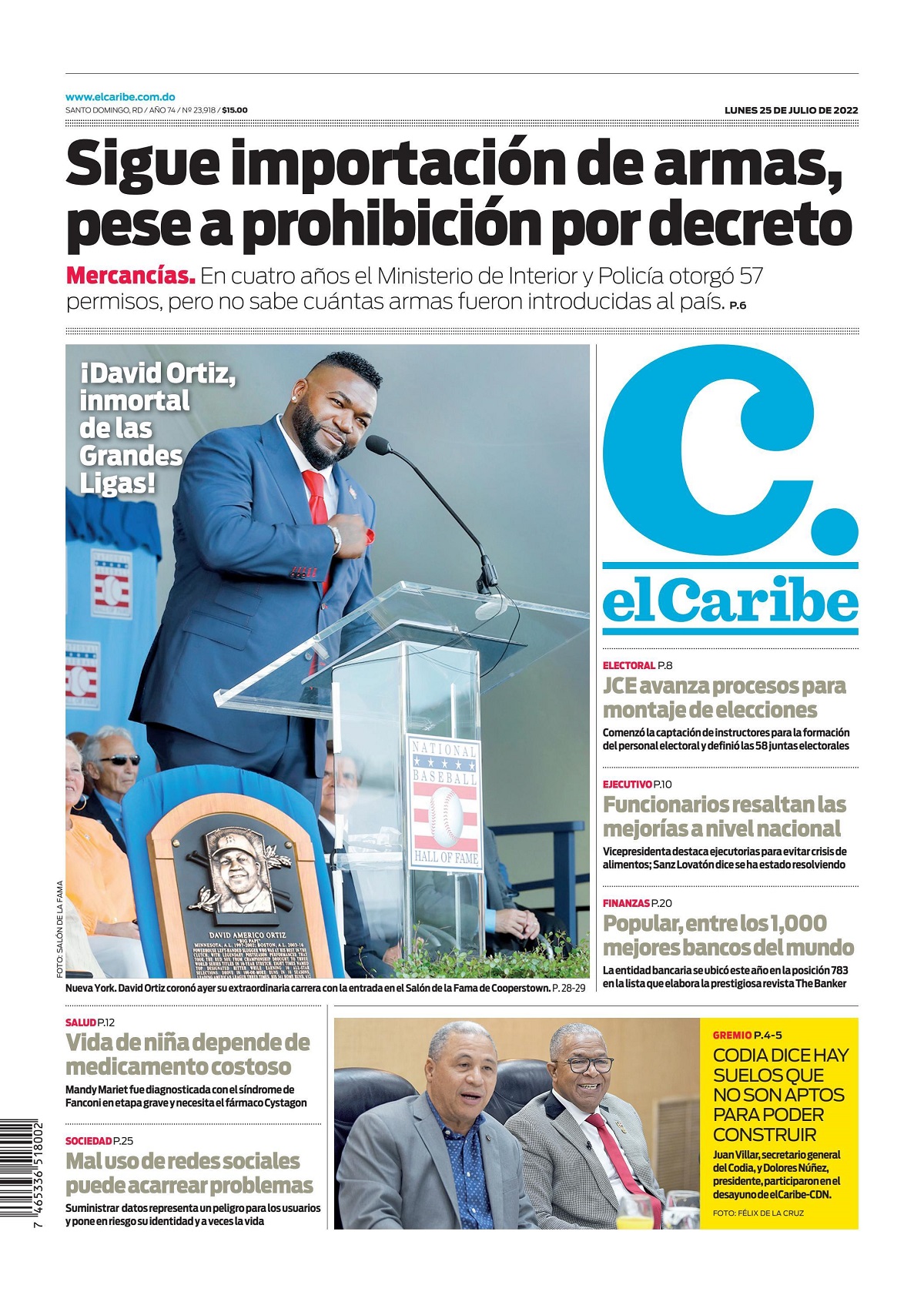 Portada Periódico El Caribe, Lunes 25 Julio, 2022