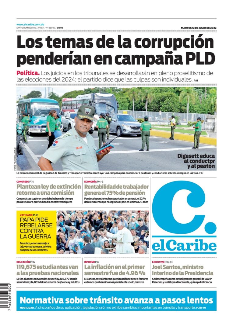Portada Periódico El Caribe, Martes 12 Julio, 2022