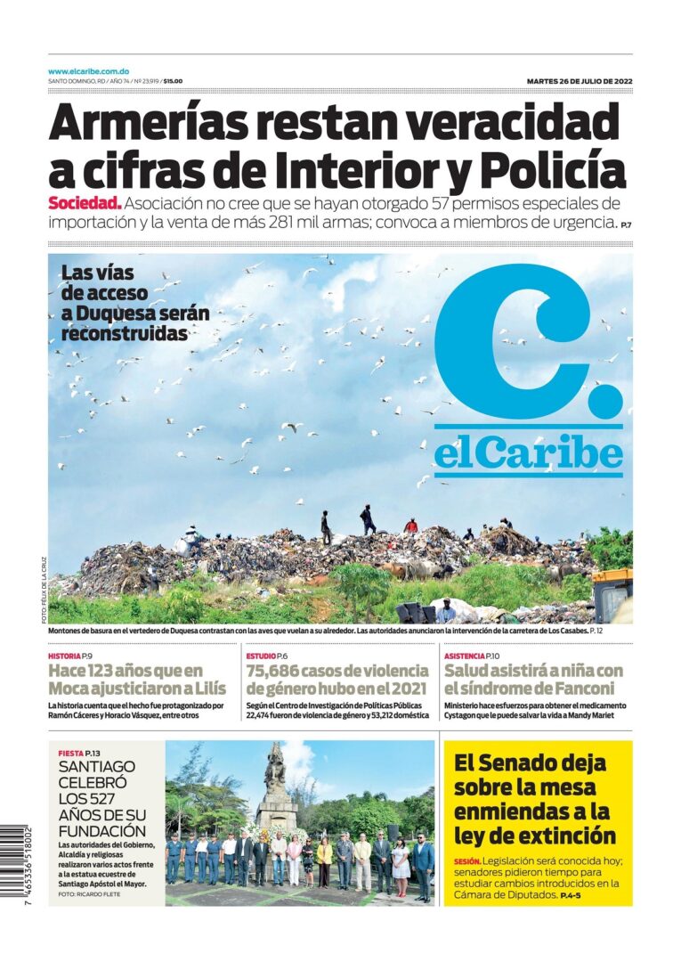 Portada Periódico El Caribe, Martes 26 Julio, 2022