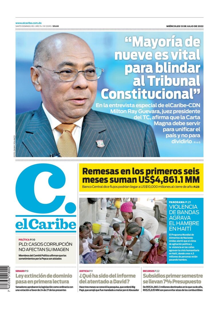 Portada Periódico El Caribe, Miércoles 13 Julio, 2022