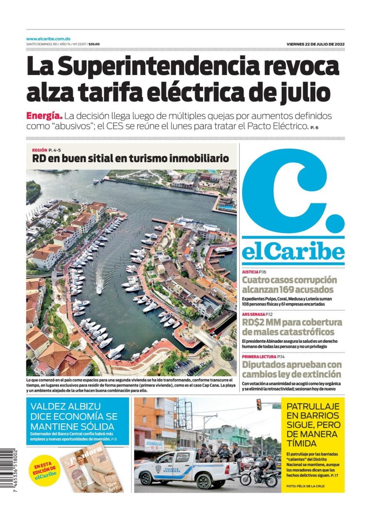 Portada Periódico El Caribe, Viernes 22 Julio, 2022