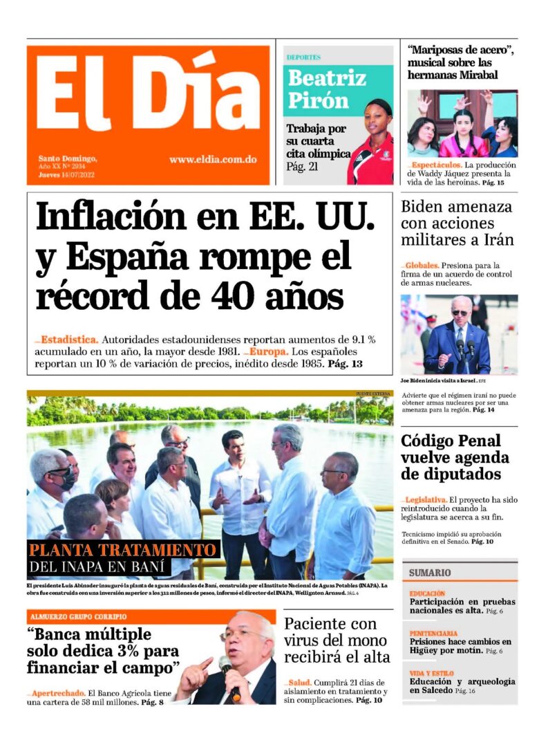 Portada Periódico El Día, Jueves 14 Julio, 2022
