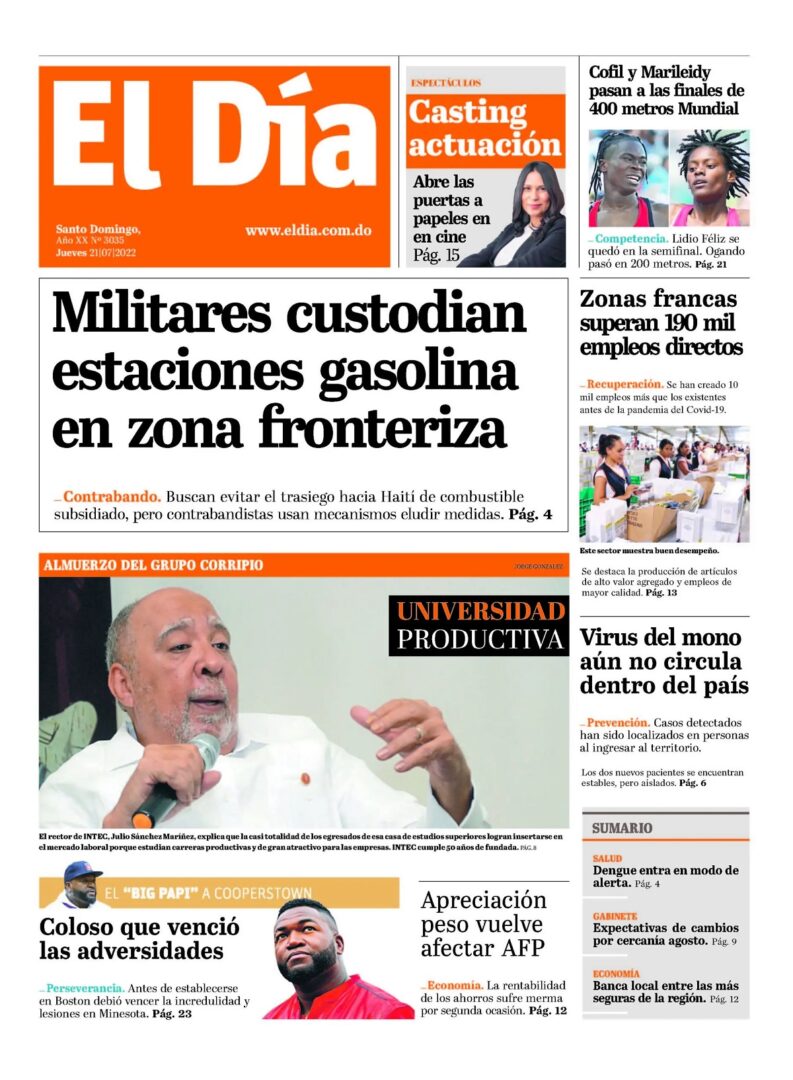 Portada Periódico El Día, Jueves 21 Julio, 2022