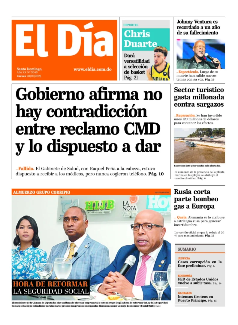 Portada Periódico El Día, Jueves 28 Julio, 2022