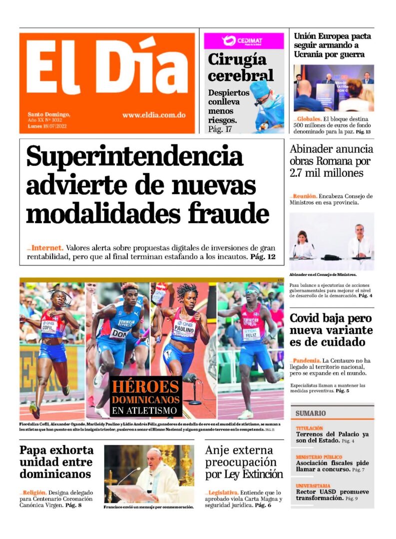 Portada Periódico El Día, Lunes 18 Julio, 2022