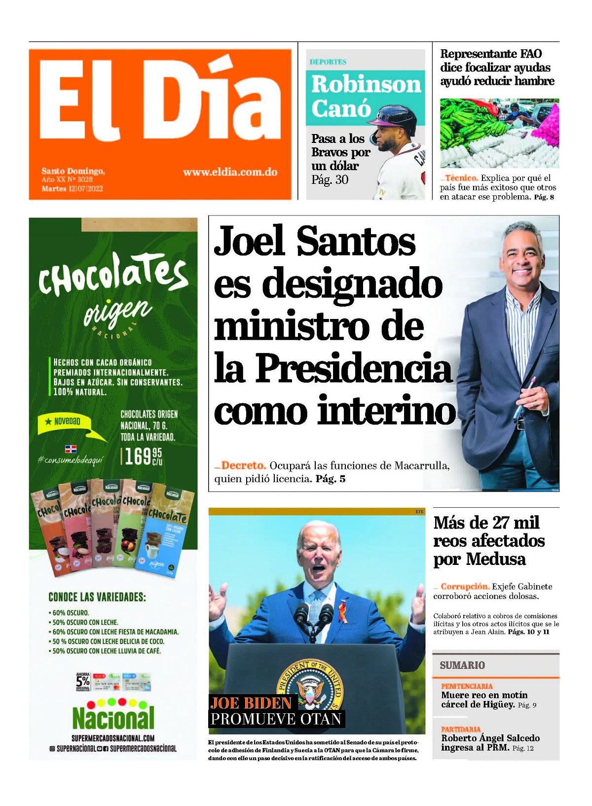 Portada Periódico El Día, Martes 12 Julio, 2022