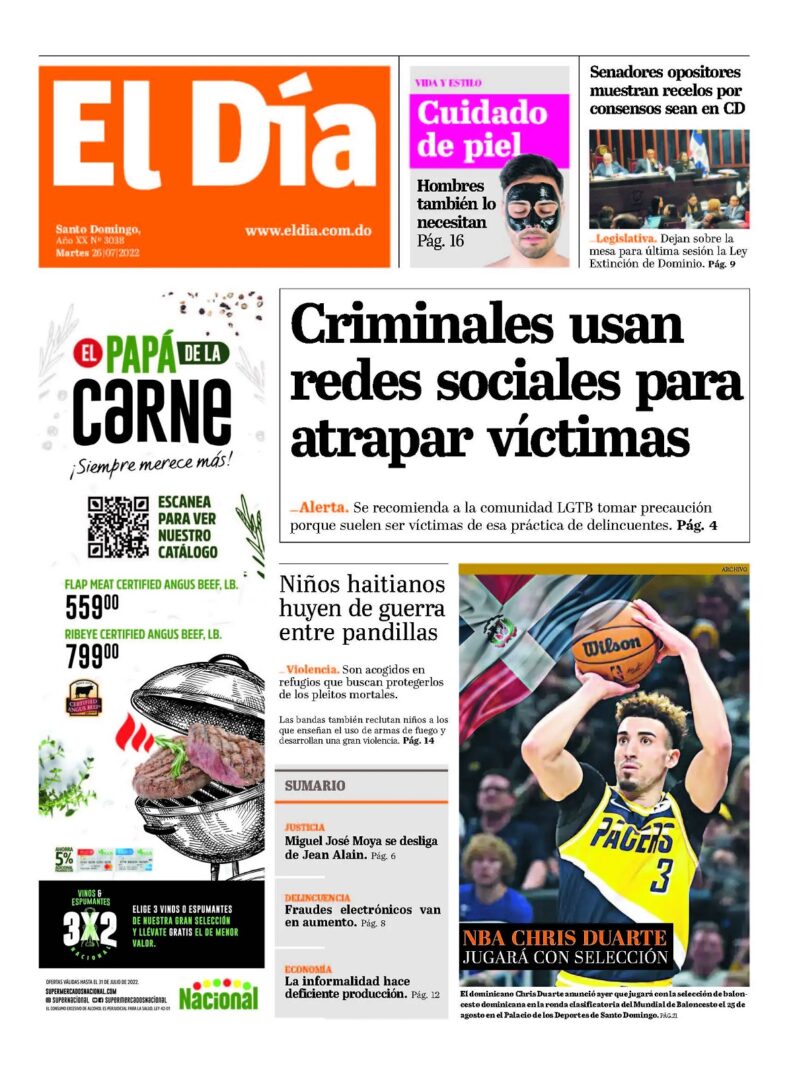 Portada Periódico El Día, Martes 26 Julio, 2022