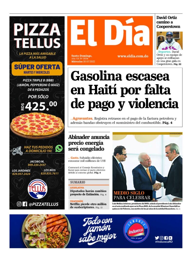 Portada Periódico El Día, Miércoles 20 Julio, 2022