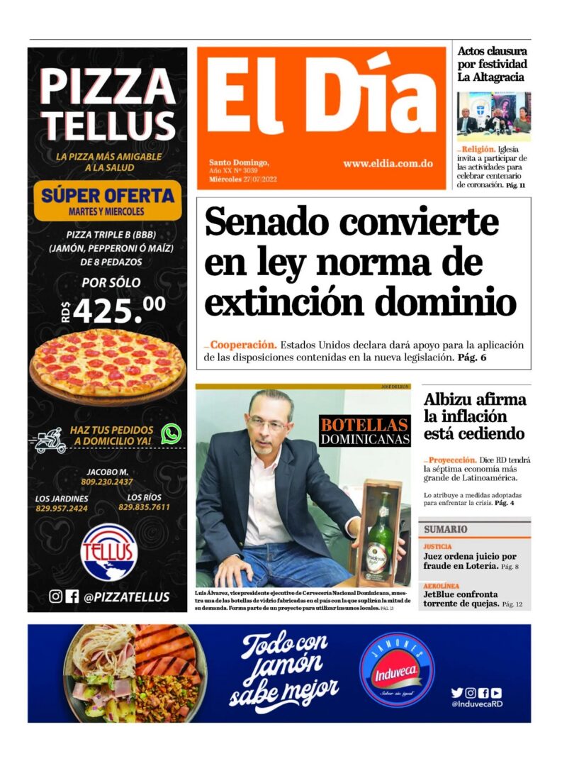 Portada Periódico El Día, Miércoles 27 Julio, 2022
