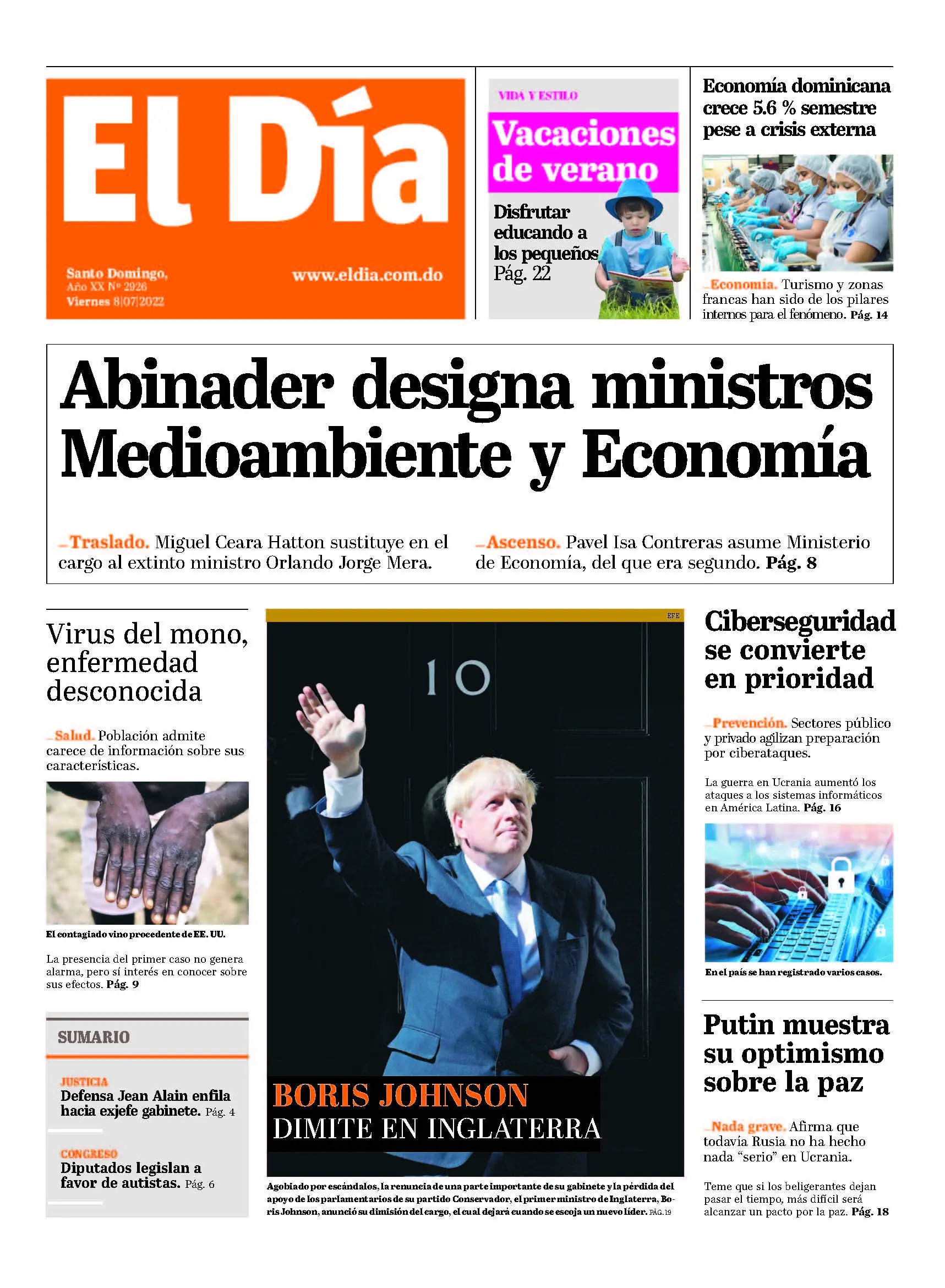 Portada Periódico El Día, Viernes 08 Julio, 2022