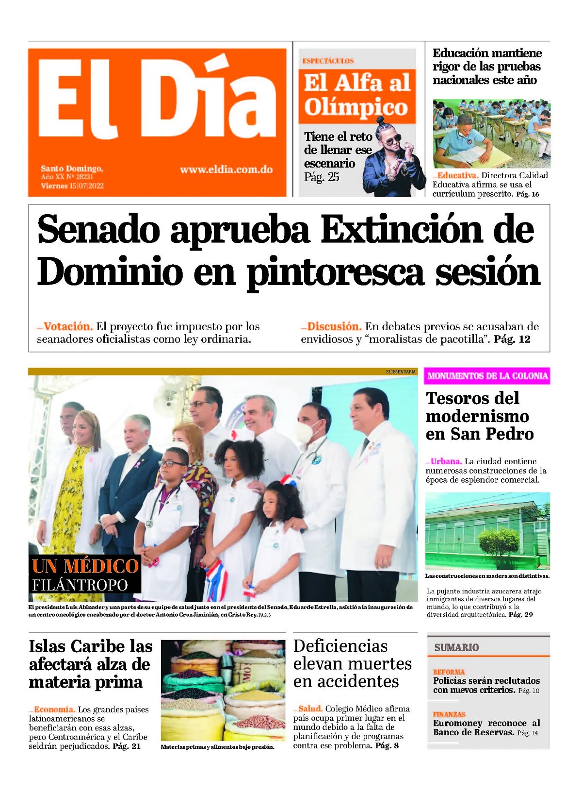 Portada Periódico El Día, Viernes 15 Julio, 2022