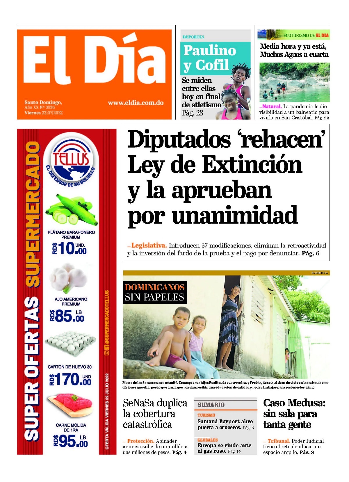 Portada Periódico El Día, Viernes 22 Julio, 2022