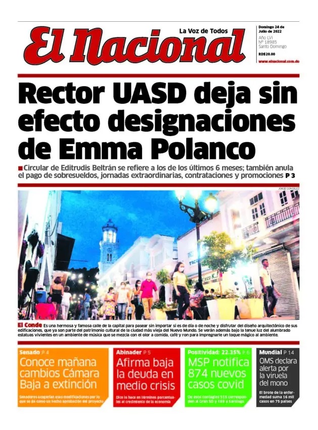 Portada Periódico El Nacional, Domingo 24 Julio, 2022