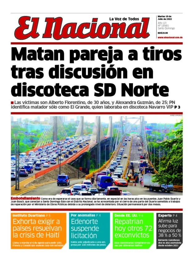Portada Periódico El Nacional, Martes 19 Julio, 2022