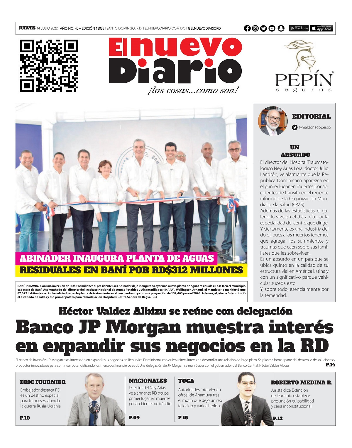 Portada Periódico El Nuevo Diario, Jueves 14 Julio, 2022