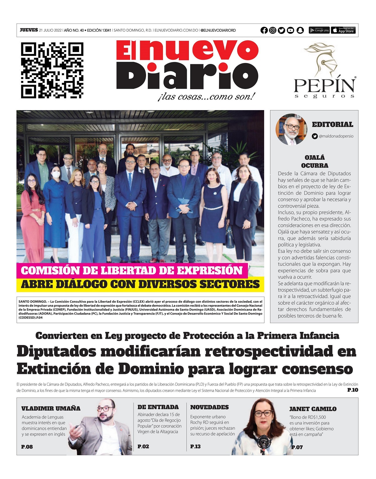 Portada Periódico El Nuevo Diario, Jueves 21 Julio, 2022