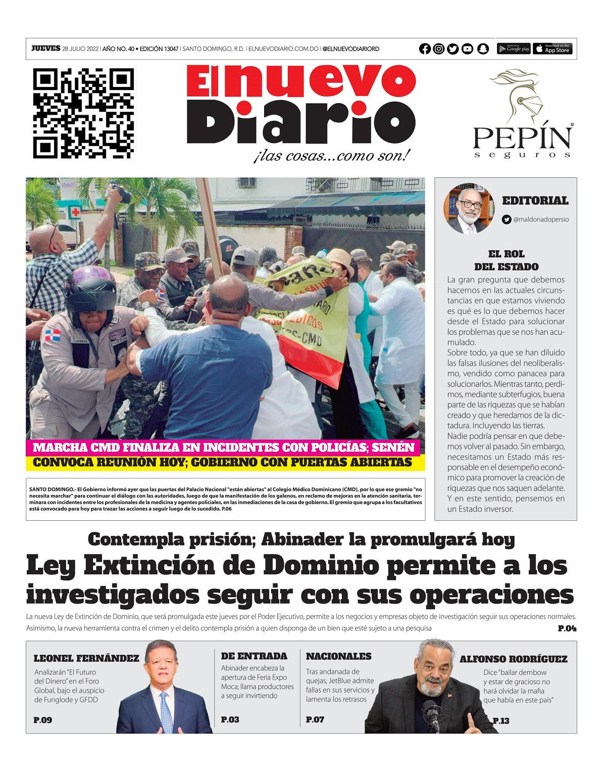 Portada Periódico El Nuevo Diario, Jueves 28 Julio, 2022