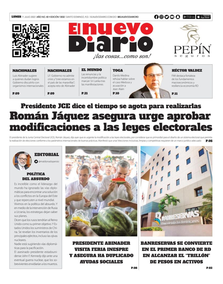 Portada Periódico El Nuevo Diario, Lunes 11 Julio, 2022