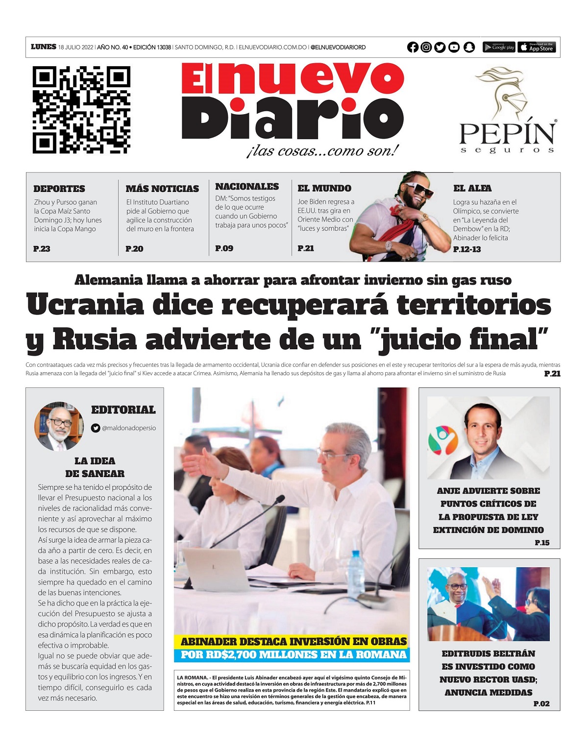 Portada Periódico El Nuevo Diario, Lunes 18 Julio, 2022