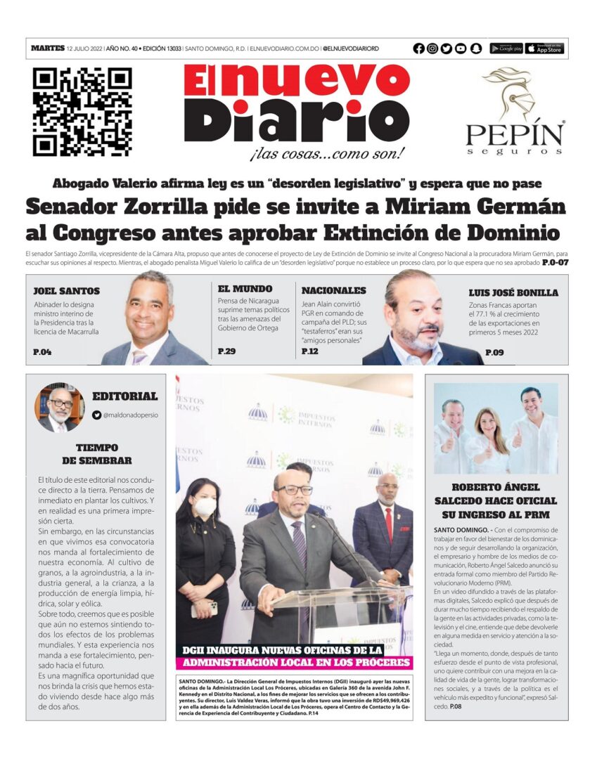 Portada Periódico El Nuevo Diario, Martes 12 Julio, 2022